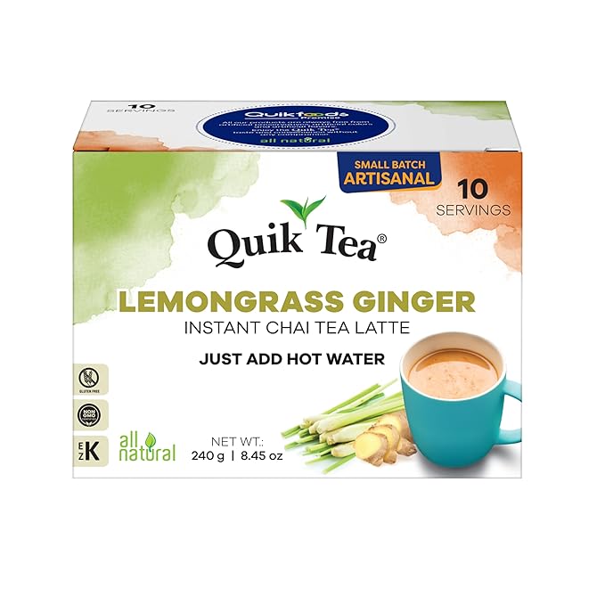 Quik Tea Lemongrass Ginger Instant Chai Tea Latte - 10 Count Single Box - All Natural Digestion Tea | Just add hot water