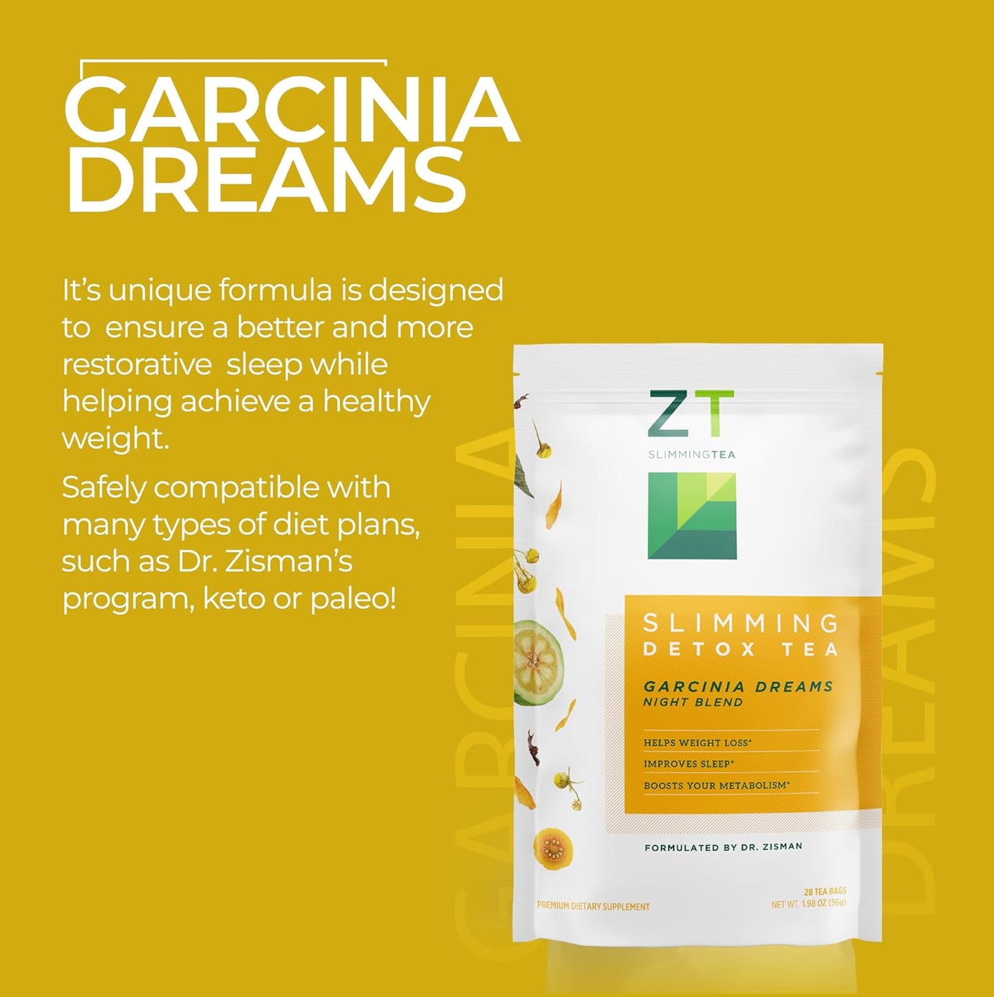 Dr. Zisman ZT Slimming Detox Tea – Garcinia Dreams Night Blend, 28 Count | Caffeine-Free Herbal Tea with Garcinia Cambogia, Chamomile, Peppermint &amp; Ginger, Smooth Herbal Tea Bags for Evening Use