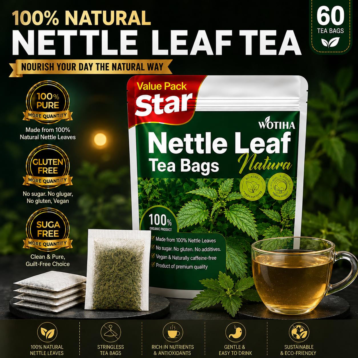 WOTIHA Premium Natural Nettle Leaf Tea Bags, 60 Count – 100% Pure Herbal Tea,Supports Kidney &amp; Joint Health Caffeine-Free, Non-GMO, Additive-Free, Gluten-Free