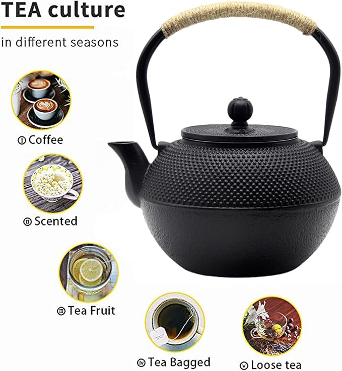 YJX 40.6oz Cast Iron Teapot Set with Warmer, Japanese Tea Set for Stovetop, 1200ml Black Tea Pot and Tea Cups Set
