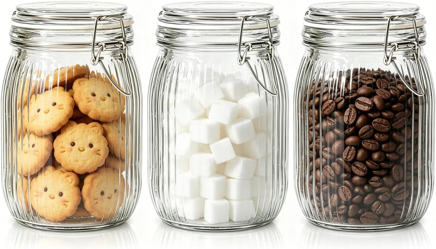 ComSaf Ribbed Glass Storage Jars Airtight Lids 34oz 3 Pack Pantry Flour | BPA-free food-grade glass, ribbed texture, bulk flour &amp; rice, pantry organization, kitchen canister set
