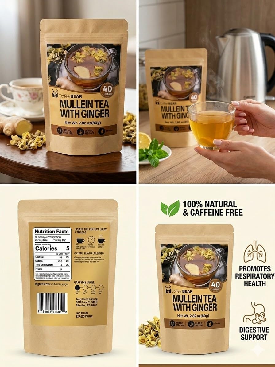 Mullein Tea with Ginger – 40 Tea Bags (2.82 oz) – Herbal Tea Blend for Lung & Respiratory Support – Caffeine-Free Natural Detox & Soothing Tea – Smooth Earthy Flavor