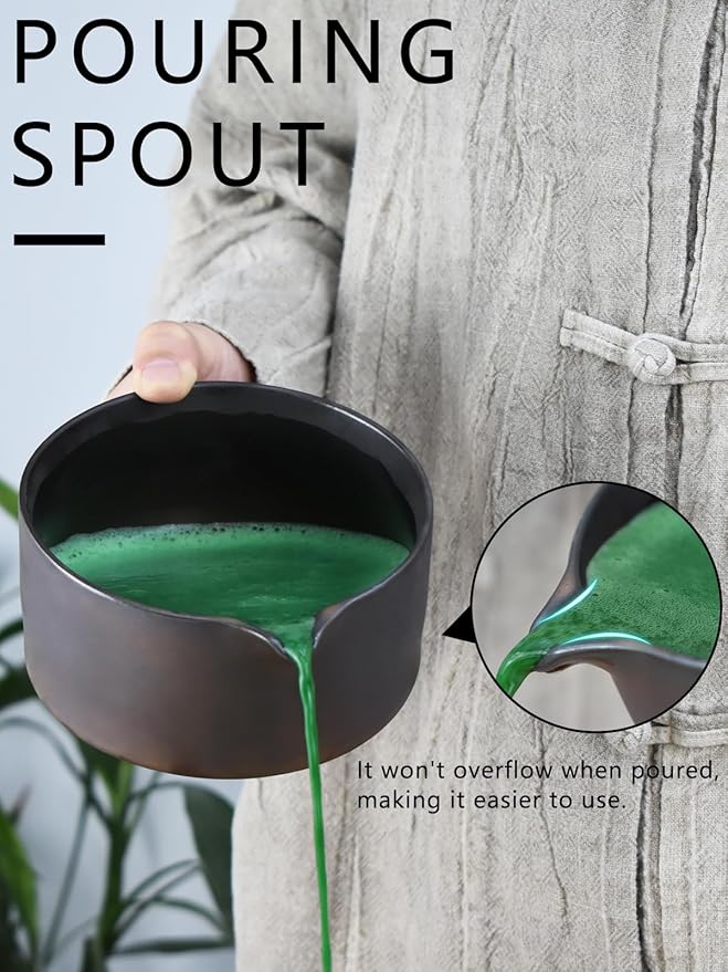 Artcome Matcha Bowl Set with Spout – Handmade Ceramic Chawan, Bamboo Whisk, Whisk Holder, Tea Scoop, and Matcha Manual