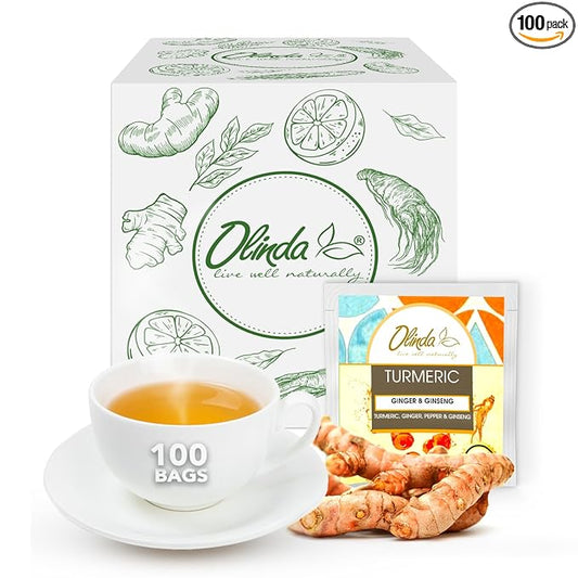 Olinda Turmeric Ginger & Ginseng Organic Herbal Tea 100 Tea Bags Caffeine-Free Stomach-Friendly Digestive Tea Brew Hot or Iced Tea Gift for Women & Tea Lovers