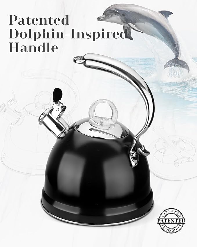 Harriet Tea Kettle Stovetop, 2.5 QT Whistling Stainless Steel Teapot, 3-Layer Base, Unique Ergonomic Handle, Includes Pot Holder & Mat