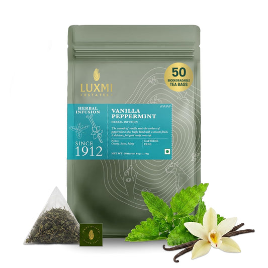 Luxmi Estates Vanilla Peppermint Herbal Tea, 50 Biodegradable Tea Bags (100g, 3.5oz, 50 Cups) | Caffeine-Free Two-Ingredient Blend with Real Peppermint Leaf &amp; Natural Vanilla | Soothing After-Dinner Bulk Pack, Vegan