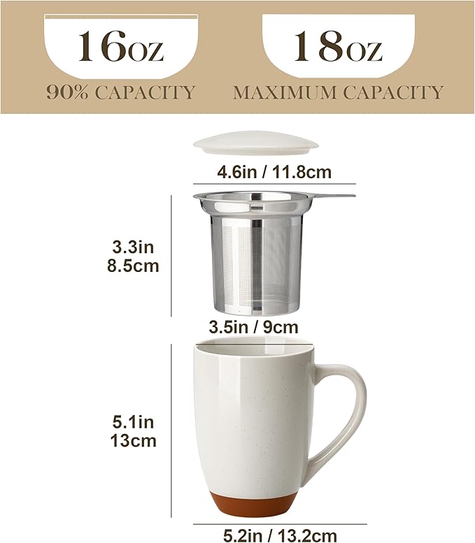 Malacasa Ceramic Tea Mug with Lid and Stainless Steel Infuser, 18 oz Large Tea Cup for Loose Leaf Tea, Heat-Resistant, Microwave & Dishwasher Safe