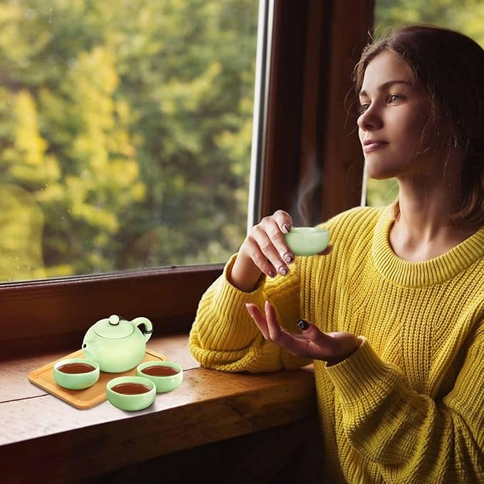 Flexzion Chinese Japanese Vintage Kungfu Gongfu Tea Set Portable Travel Teapot, (Jade Green Celadon/Greenware) Porcelain Ceramic Tea Pot, 4 Tea Cup, Bamboo Tea Tray, Tea Mat, Portable Travel Bag