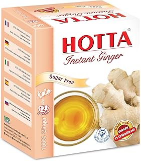 HOTTA Instant 100% Ginger Drink Powder, No Sugar, Bold & Spicy, Caffeine-Free Herbal Tea, Easy to Brew, Enjoy Hot or Cold, Real Thai Ginger, 12 Sachets