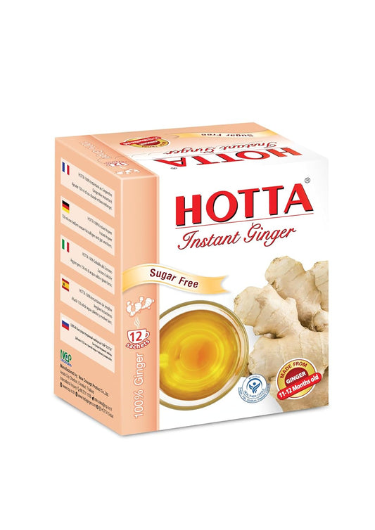 HOTTA Instant 100% Ginger Drink Powder, No Sugar, Bold & Spicy, Caffeine-Free Herbal Tea, Easy to Brew, Enjoy Hot or Cold, Real Thai Ginger, 12 Sachets