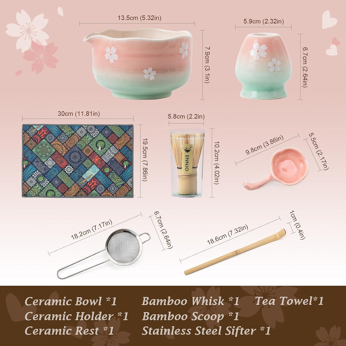 Cherry Blossom Matcha Whisk Set, 7 Pcs Matcha Kit with Matcha Bowl