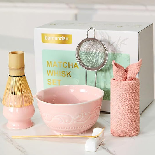 7-Pcs Pink Matcha Whisk Set, Japanese Ceremony Matcha Kit Includes Bowl With Spout, 100% Natural Bamboo Whisk and Holder, Scoop, Scoop Rest, Strainer and Tea Towel - Ideal Gift Christmas, Birthday