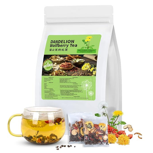 Dandelion Wolfberry Tea, Chinese Traditional Seven Natural Herbs Formula Blend Support Kidney & Liver Health Dandelion Root Tea Bags (1 Pack/12 Bags)