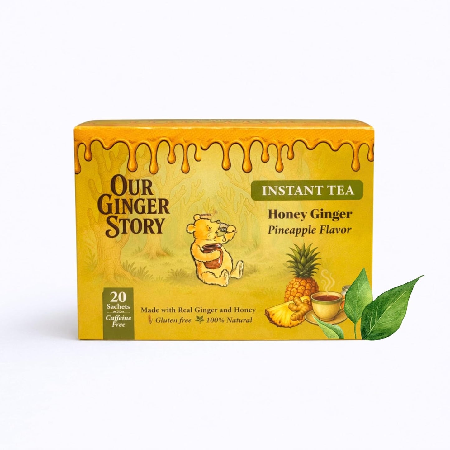Premium Honey Ginger Instant Tea Crystals, Pineapple Flavor, 20 Sachets, Real Ginger, Real Honey, Pure Cane Sugar, Caffeine Free, Hot Or Cold Single Serve Drink Mix