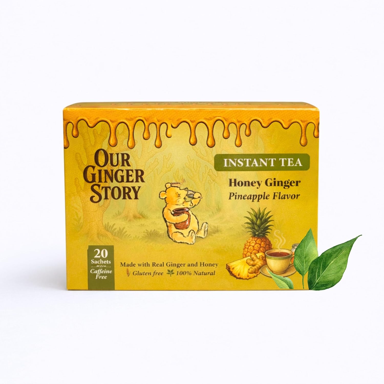 Premium Honey Ginger Instant Tea Crystals, Pineapple Flavor, 20 Sachets, Real Ginger, Real Honey, Pure Cane Sugar, Caffeine Free, Hot Or Cold Single Serve Drink Mix
