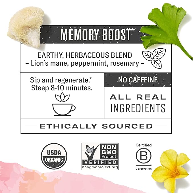 Numi Organic Damiana Herbal Tea, 48 Tea Bags – Caffeine-Free with Ginkgo, Lion's Mane, Hibiscus, Mint & Licorice