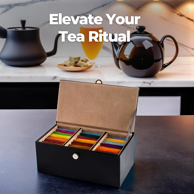 Premium Tea Box Organizer - Elegant Tea Bag Storage Container with 60 Tea Bag Holder Capacity - Vegan Leather Exterior and Velvet Fabric Interior - Black