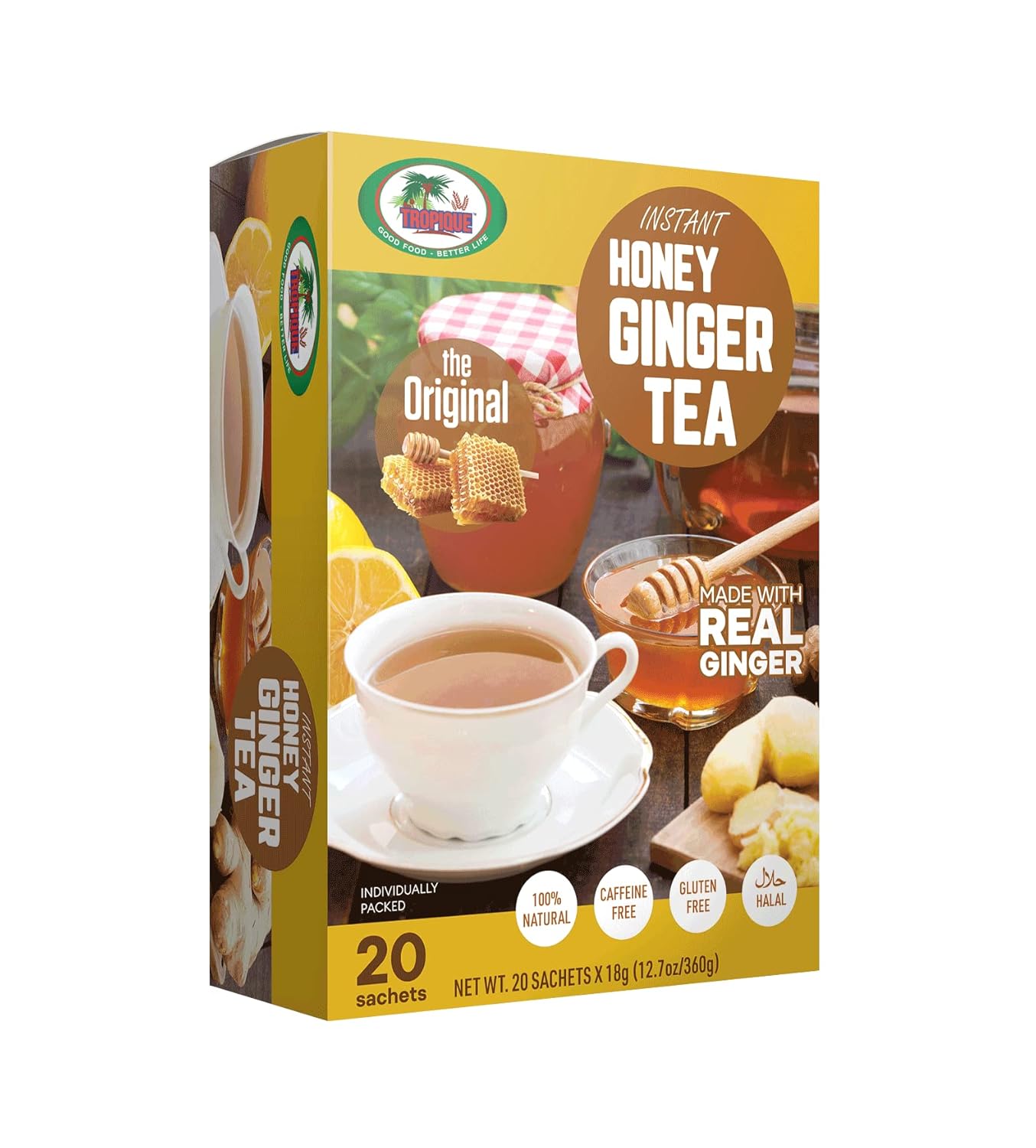 Ginger Tea with Honey – Original Flavor – Instant Herbal Ginger Drink – 20 Sachets – Tropique