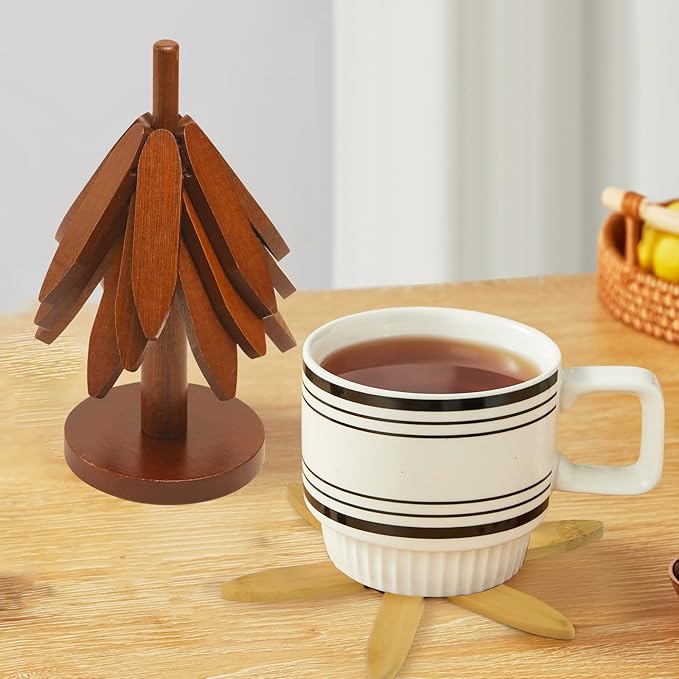 Tree Shape Bamboo TrivetKitchen Decor Tree shaped Holder Beech wood Foldable Design Hot Dishes, Pot, Teapot, Plates, Bowls (Walnut-4)