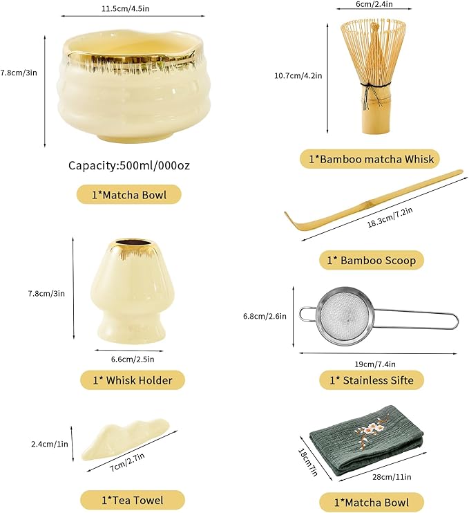 XiaoQuilismic-Matcha Whisk Set: Bamboo blender, matcha bowl, cute stand, ritual tool, Sieve - Family travel with golden texture details, 7-piece set