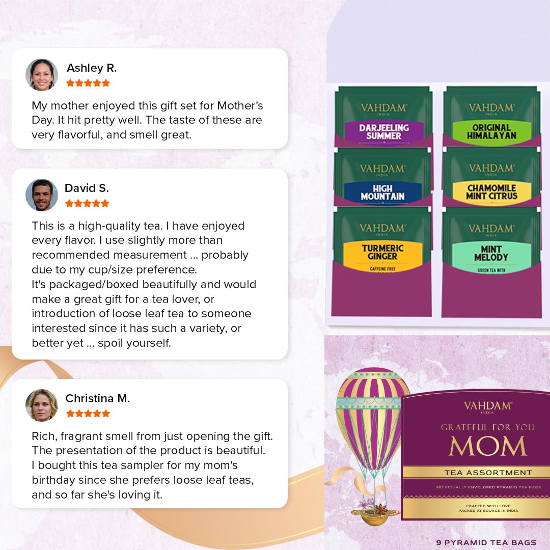 Limited Edition - Mothers Day Gifts for Mom from Son, Daughter | Assorted Tea Gift Set - 9 Tea Variety Pack | Long Leaf Pyramid Tea Bags | Mothers Day Gifts for Mom/Grandmother | VAHDAM