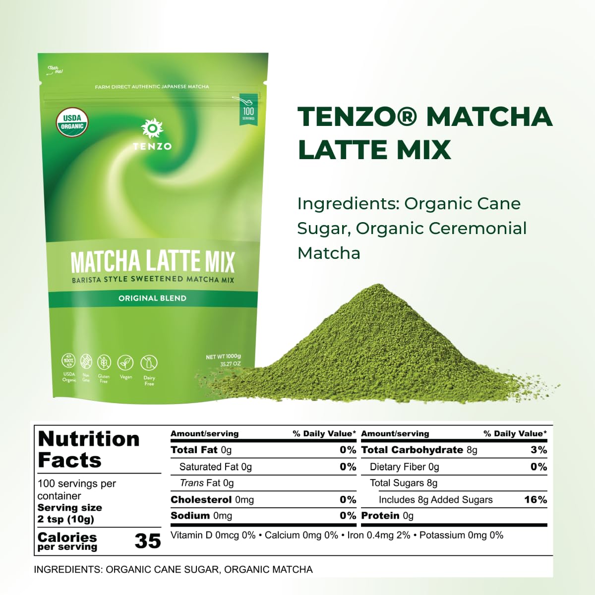 Tenzo Matcha Green Tea Powder, Organic Cafe Sweetened Matcha Latte Green Tea Powder, Ceremonial Barista Crafted Mix - Authentically Japanese - Matcha Latte Mix (35.27 Ounce)