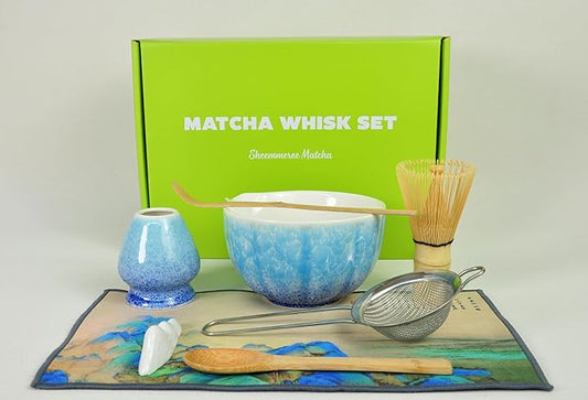 Matcha Whisk set, 8pcs Matcha Making Kit Includes Ceramic Bowl, Bamboo Whisk (Chasen), Whisk Holder, Sifter, Bamboo Scoop, Scoop Rest, Tea Towel