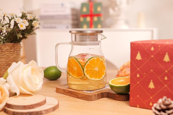 Cnglass One-Touch Glass Teapot, 27oz(800ml) Glass Tea Kettle with Stainless Steel Filter Lid, Stovetop Safe Loose Leaf Tea Maker