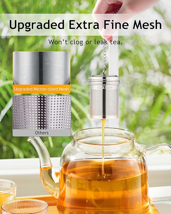 House Again 2 Pack Tea Infuser, Extra Fine Mesh Tea Infusers for Loose Tea, 18/8 Stainless Steel Tea Strainer with Extended Chain Hook