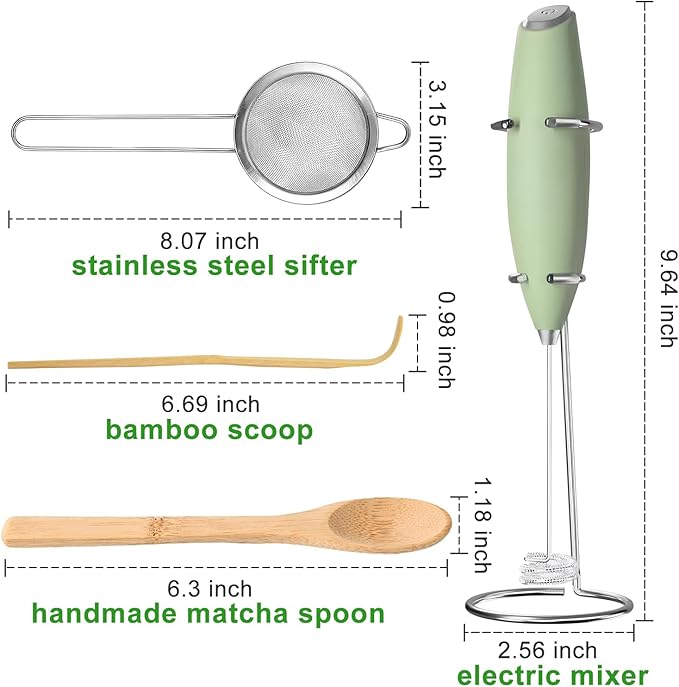 MONOJOY Electric Matcha Whisk Set 4 PCS Matcha Making Kit Powder Mixer Electric Milk Frother Traditional Tea Scoop Chashaku, Spoon, Sifter, Durable Coffee Stirrers Maker Tools Gift for Lovers Beginner