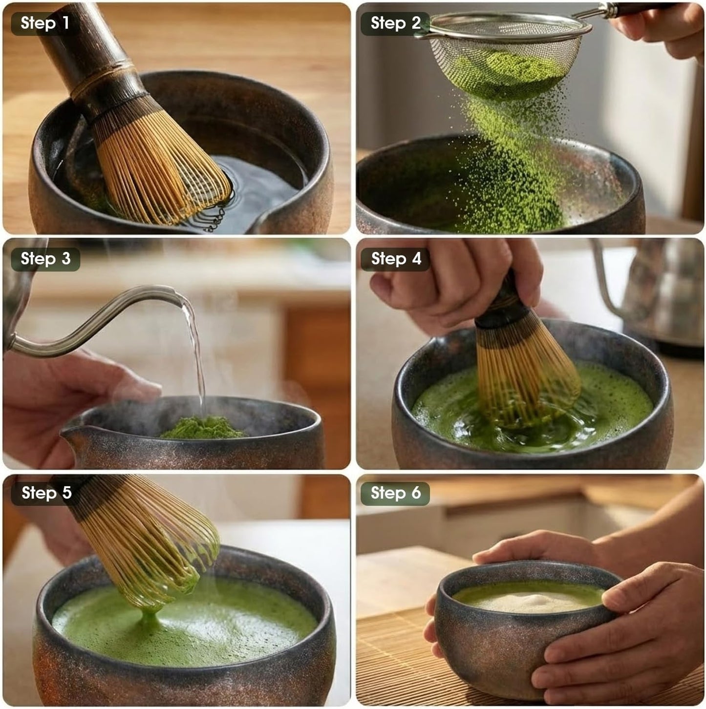 Matcha Set, 5-Piece Matcha Whisk Set with Bowl &amp; 100-Prong Whisk | Rustic Stoneware Texture, Natural Matte Finish, 100-Prong for Creamy Foam, Japanese Tea Ceremony, Gift for Matcha Lovers