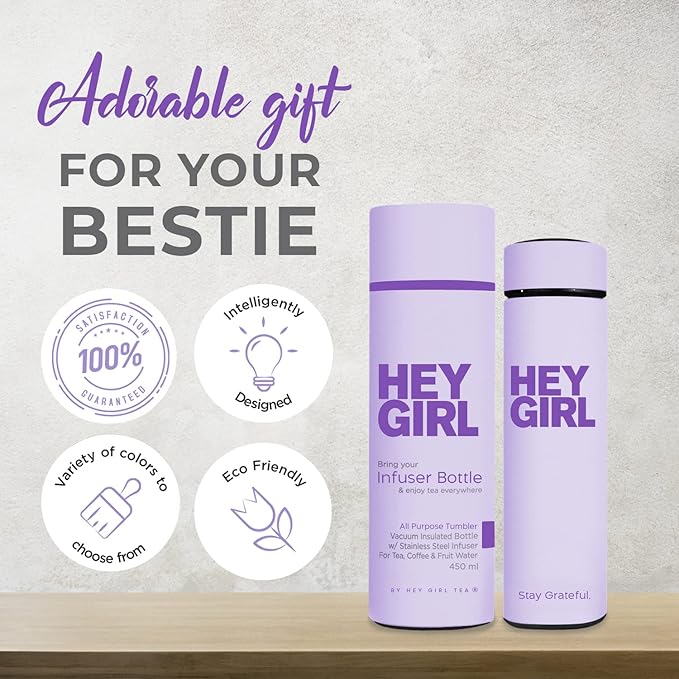 Hey Girl Tea Infuser Bottle 450ml - Insulated Stainless Steel Water Bottle - Tea Tumbler with Tea Diffuser