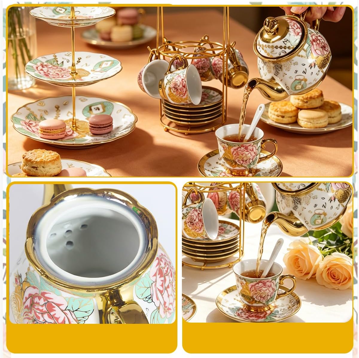 CHANOON Vintage StyleGold-Plated Red Rose Ceramic Tea Set Serving 6 People