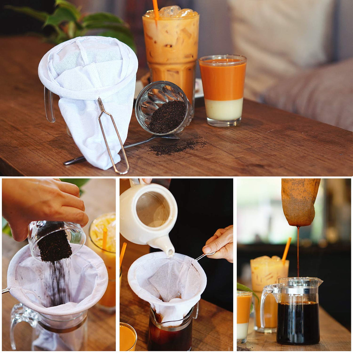DDPREMIUM Traditional Stainless Steel Reusable Mesh Filter for Thai Tea Filter, Coffee & Loose Leaf Drinks, Thai Tea Strainer