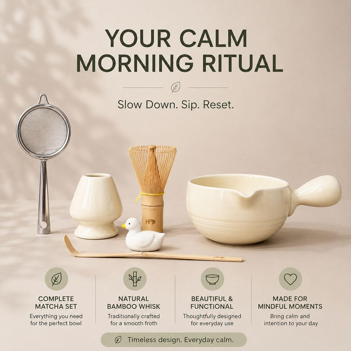 HAPPY PATH &amp; CO Patented Matcha Bowl Set with Handle &amp; Spout - Spill-Free Pouring | Complete Matcha Set for Beginners | Includes Bamboo Whisk, Scoop &amp; Stand (Sunny Duckling - Soft Yellow)