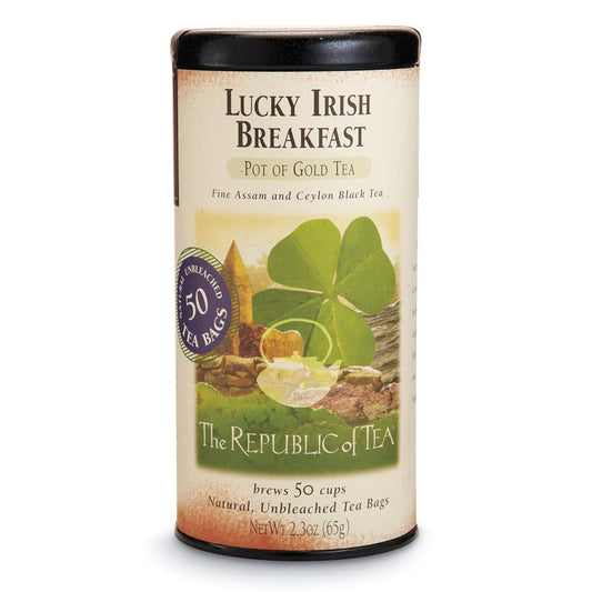 The Republic of Tea Lucky Irish Breakfast Black Tea, 50 Count | Naturally Caffeinated. Made for morning or afternoon sipping. Brisk and full-bodied. Gluten Free and Kosher.