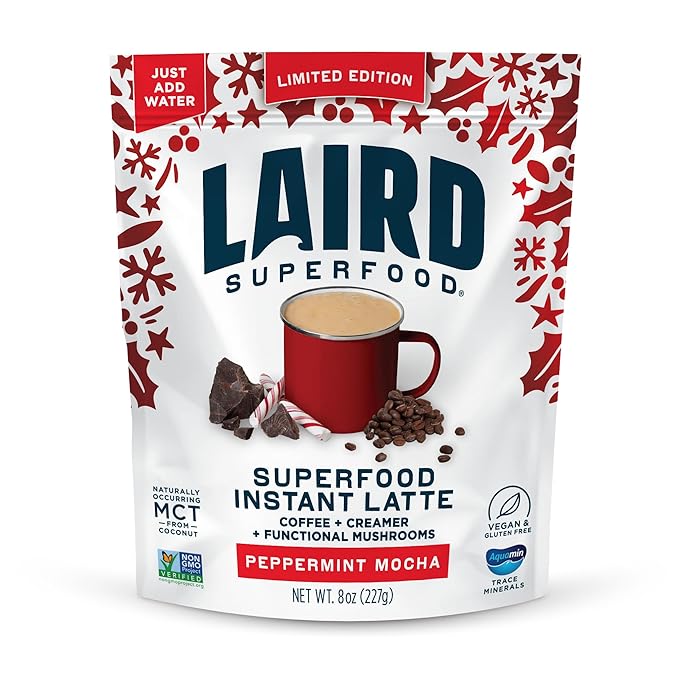Laird Superfood Peppermint Mocha Instant Latte with Adaptogens – Antioxidants and Superfood Coconut Creamer – Boost of Functional Fuel – Gluten Free, Non-GMO, Vegan, 8 oz. Bag, Pack of 1