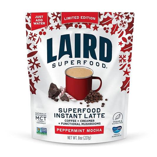 Laird Superfood Peppermint Mocha Instant Latte with Adaptogens – Antioxidants and Superfood Coconut Creamer – Boost of Functional Fuel – Gluten Free, Non-GMO, Vegan, 8 oz. Bag, Pack of 1