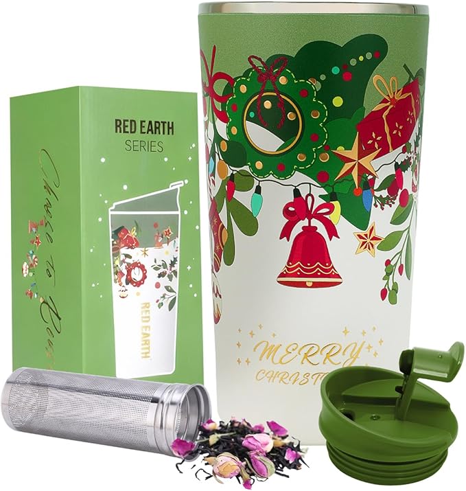 GiNT 17oz Christmas Tea Cup with Infuser and Lid - 4D Gold Foil Pattern (Bells & Holly)