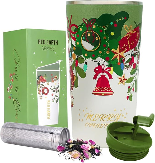 GiNT 17oz Christmas Tea Cup with Infuser and Lid - 4D Gold Foil Pattern (Bells & Holly)