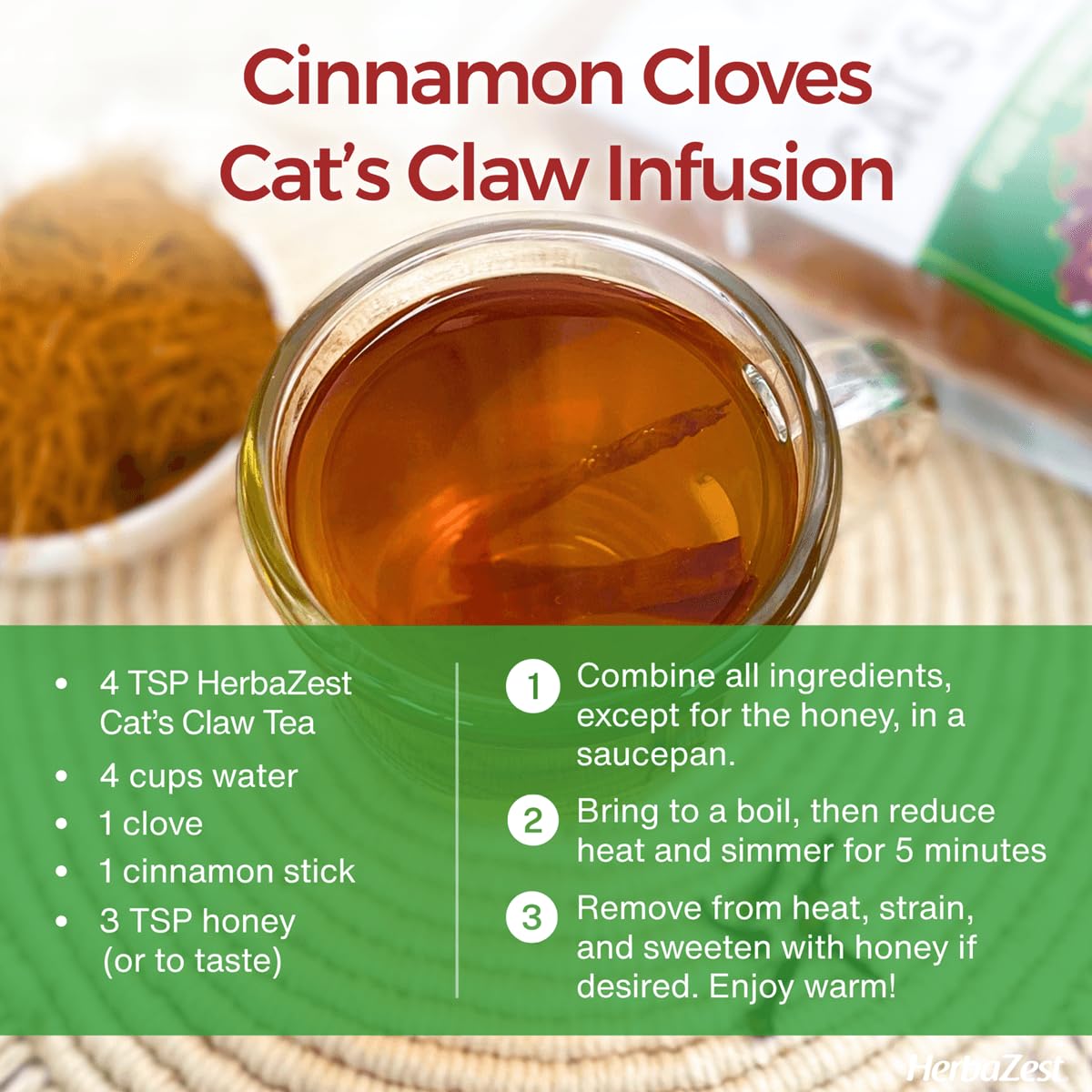 HerbaZest Cat's Claw Tea (Una de Gato), 8 oz – Wild-Crafted, Caffeine-Free