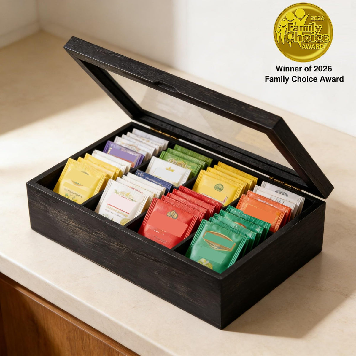 Alsonerbay Wooden Tea Box with Lid & 8-Compartment, Weathered Black