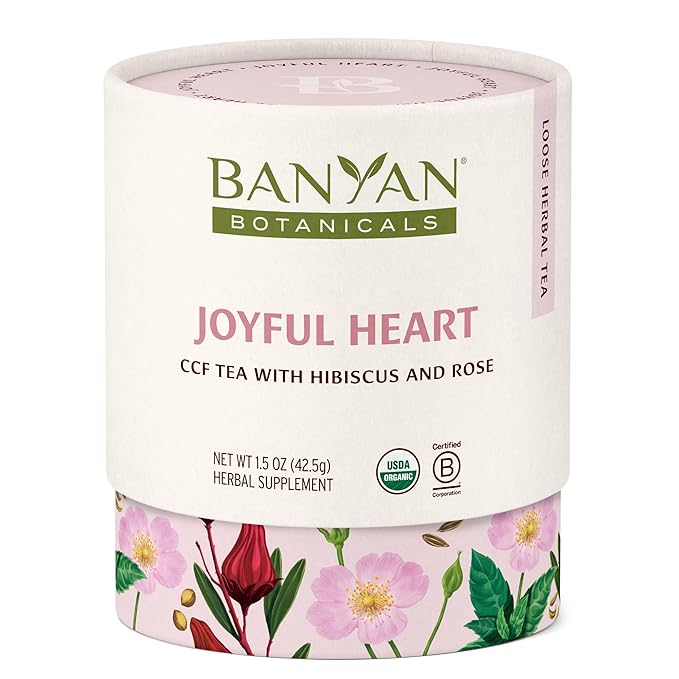 Banyan Botanicals Joyful Heart CCF Tea Loose Leaf Organic Herbal Tea Uplifting and Aromatic with Hibiscus, Tulsi, and Rose 1.5 oz