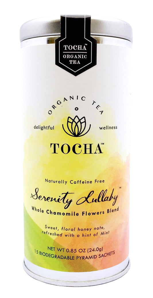 Tocha Organic Serenity Lullaby Chamomile Tea – Caffeine-Free Sleep & Relaxation Blend, 15 Biodegradable Pyramid Bags, Chamomile, Rose