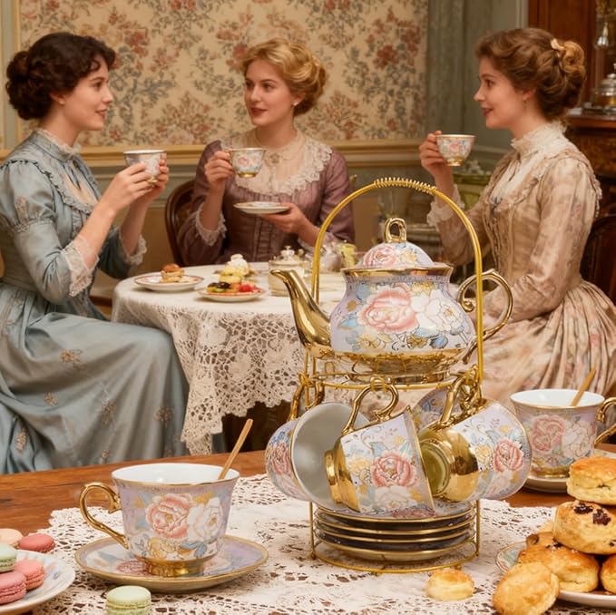 CHANJOON Gold Plated Red Rose Ceramic Tea Set, Vintage Tea Sets with Teapot, Beautiful Tea Set Coffee Serving 6 People (Purple, X Large)