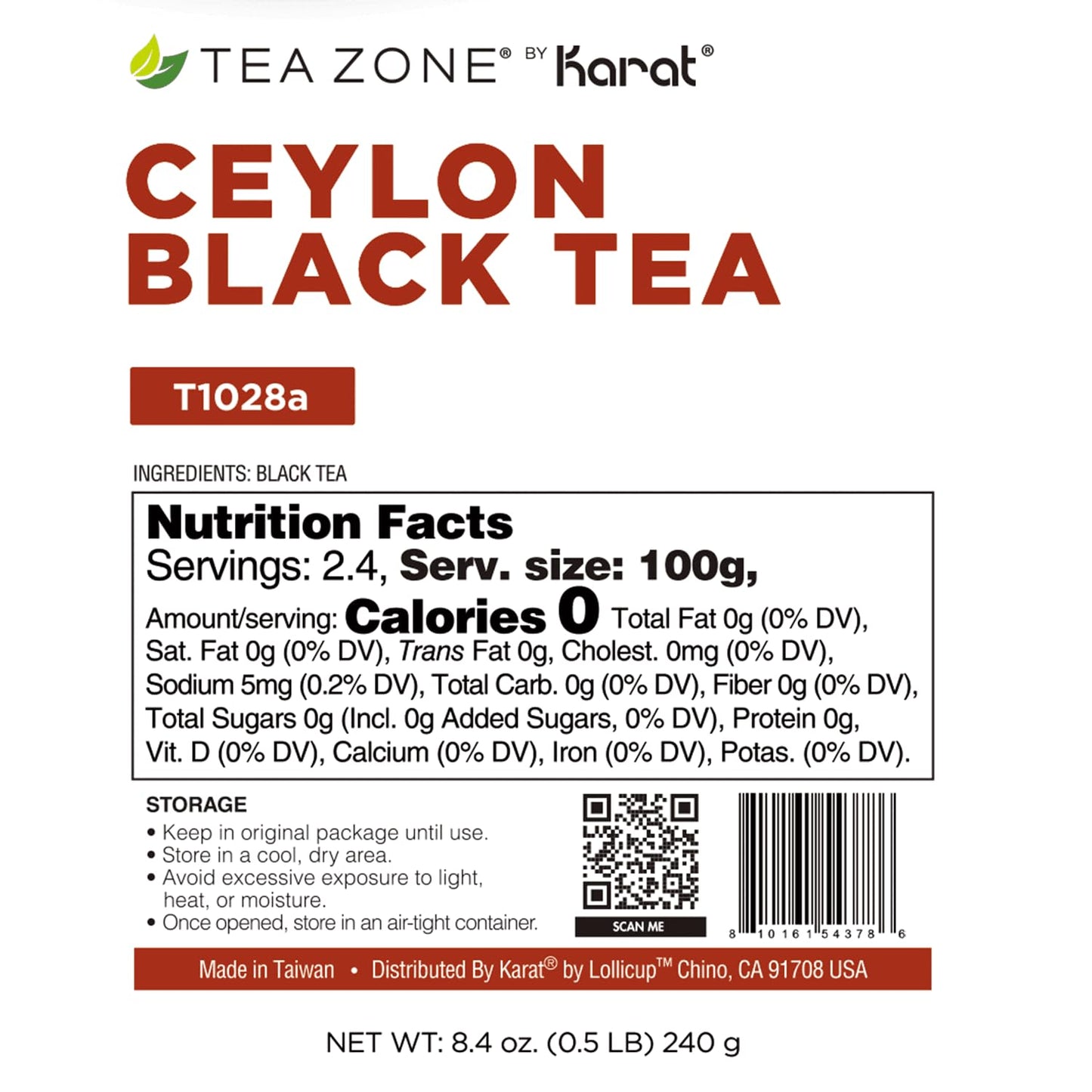 Tea Zone 8.5oz Ceylon Black Tea Leaves - 1 Bag(240g)
