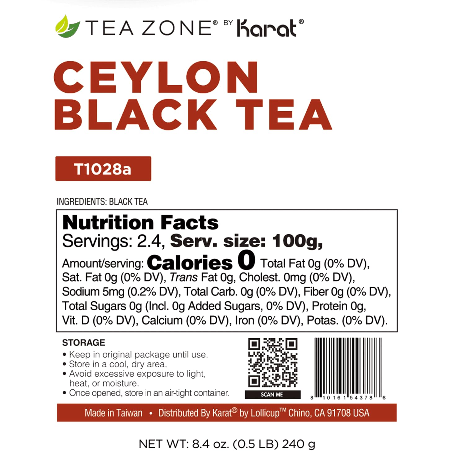 Tea Zone 8.5oz Ceylon Black Tea Leaves - 1 Bag(240g)