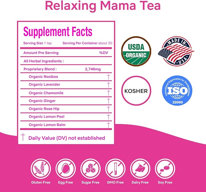 Secrets Of Tea Relaxing Mama Tea - Natural USDA Organic Caffeine Free - Safe for Pregnancy and Breastfeeding - Up to 40 Servings - 20 Count(1 Pack)