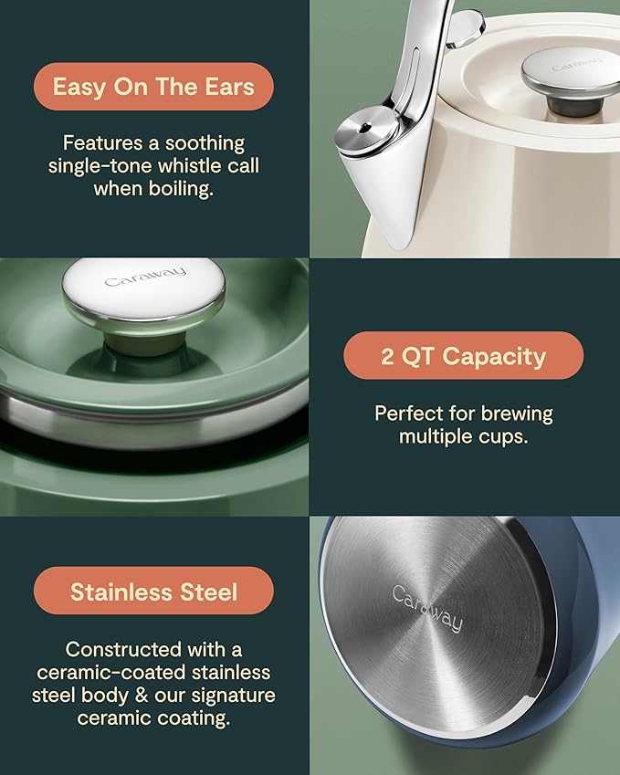 Caraway 2 Quart Whistling Tea Kettle - Durable Stainless Steel Tea Pot - Fast Boiling, Stovetop Agnostic - Non-Toxic, Ptfe & Pfoa Free