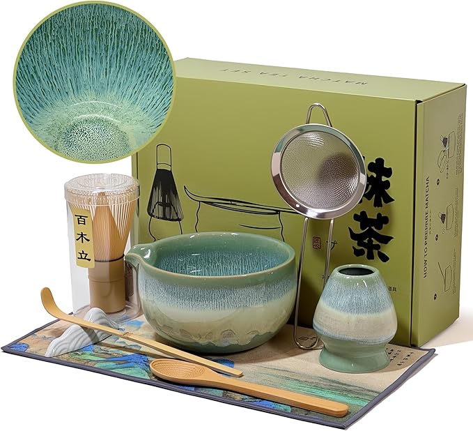 Matcha Whisk Set with Ceramic Bowl - Bamboo Whisk (Chasen), Scoop, Sifter & Holder - Complete Kit fo